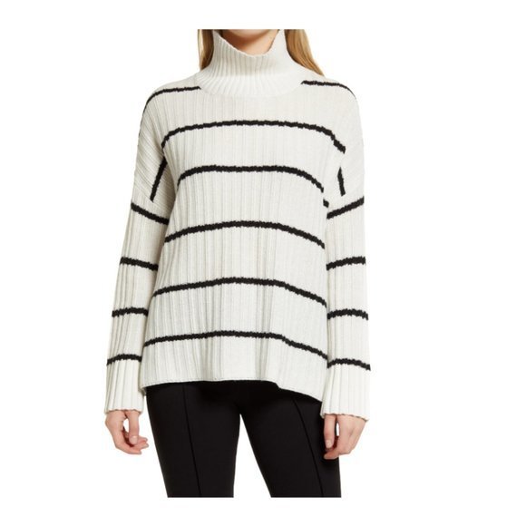 NWOT NORDSTROM Organic Cotton & Merino Wool Turtleneck Sweater in Ivory- Black - Picture 7 of 7